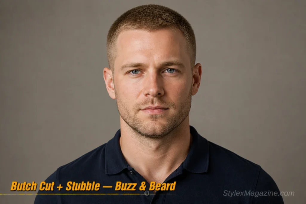 Man with a butch cut and short stubble in a conservative corporate-friendly look
