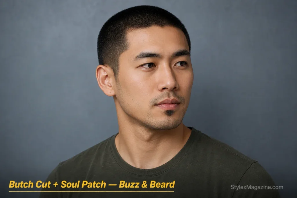 Man with a butch cut and soul patch with light stubble for sparse beard growth