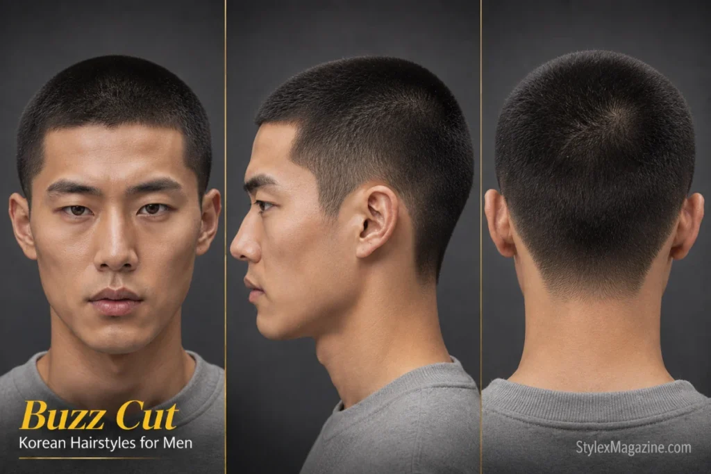 Korean buzz cut hairstyle for men featuring an even clipper cut, sharp edges, and a clean masculine finish.