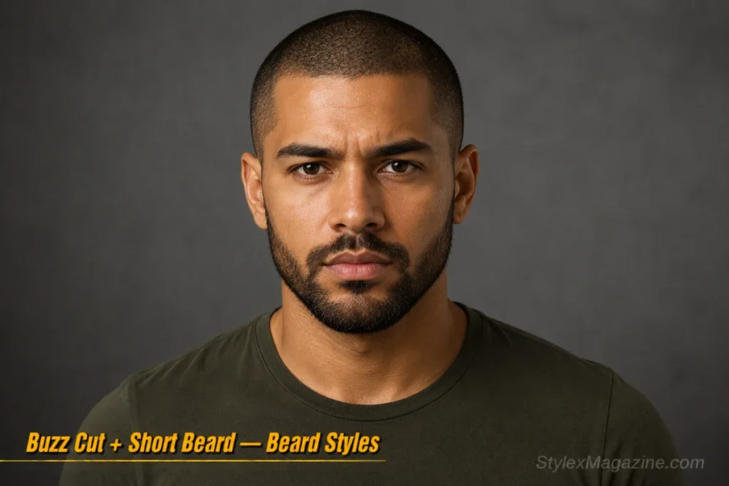 Man with a buzz cut and a short boxed beard showing strong head-to-jaw contrast