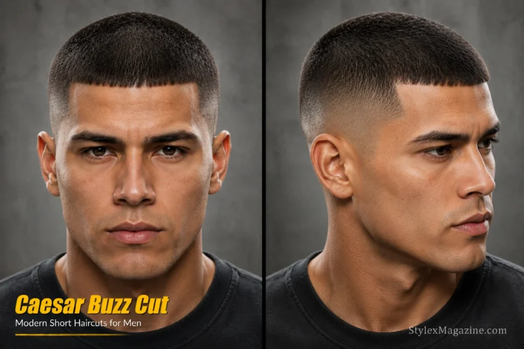 Caesar buzz cut for men featuring a short uniform top, forward fringe, and precise clipper finish.