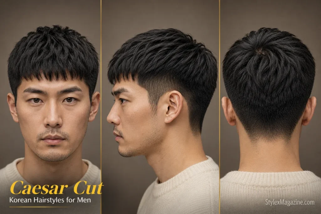 Korean Caesar cut hairstyle for men featuring a short textured fringe, compact top, and clean tapered sides.