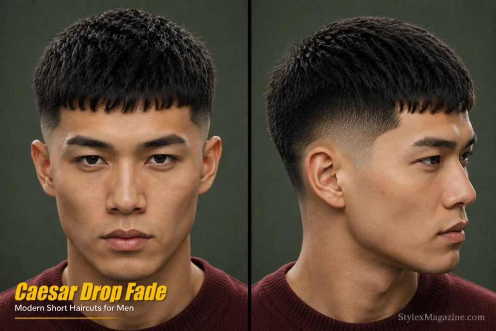 Caesar drop fade haircut for men featuring a forward textured fringe with a curved fade around the sides and neckline.