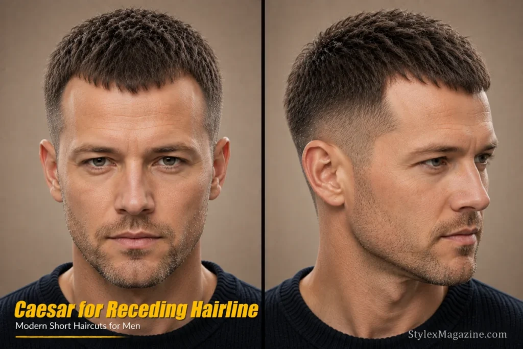 Caesar haircut for men with receding hairline featuring a forward fringe, textured top, and natural hairline coverage.