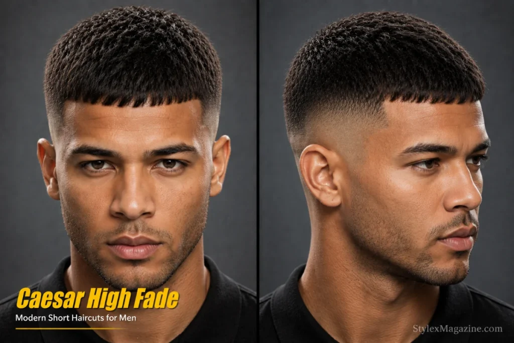 Caesar high fade haircut for men featuring a short textured top, forward fringe, and a sharp high fade transition.