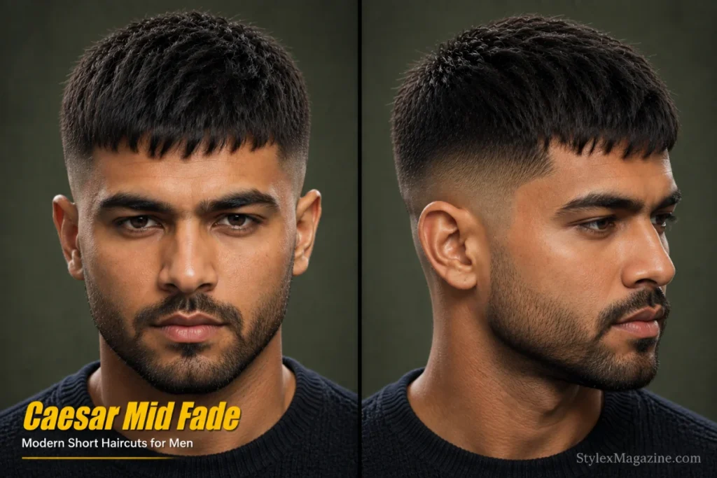 Caesar mid fade haircut for men featuring a textured forward fringe, short top length, and smoothly blended faded sides.