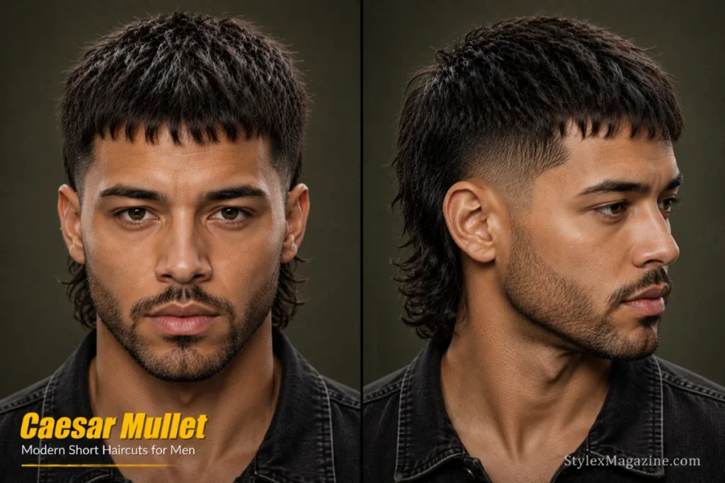 Caesar mullet haircut for men featuring a forward Caesar fringe, textured top, and longer layered back.