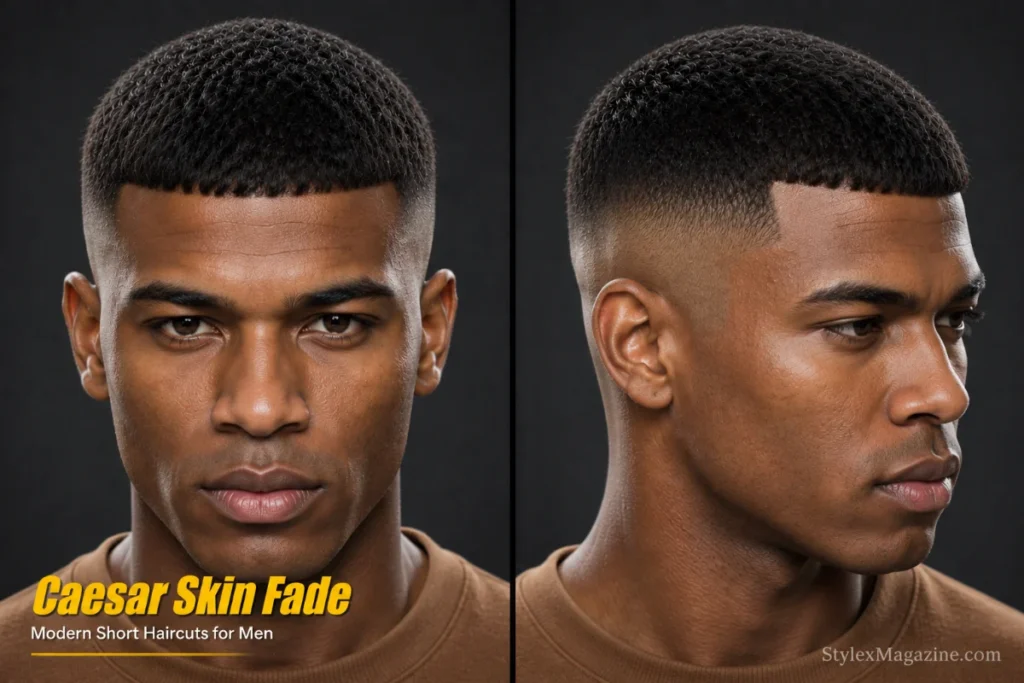 Caesar skin fade haircut for men featuring a textured forward fringe with a seamless bald fade and sharp edges.