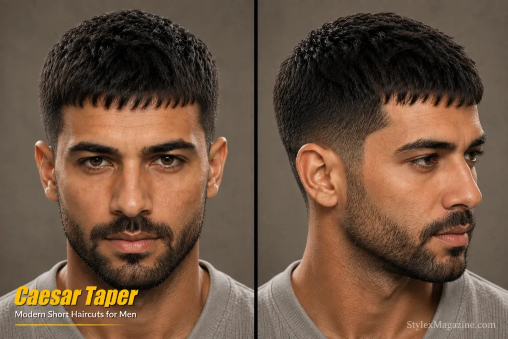 Caesar taper haircut for men featuring a short textured fringe, natural top, and smoothly tapered edges.