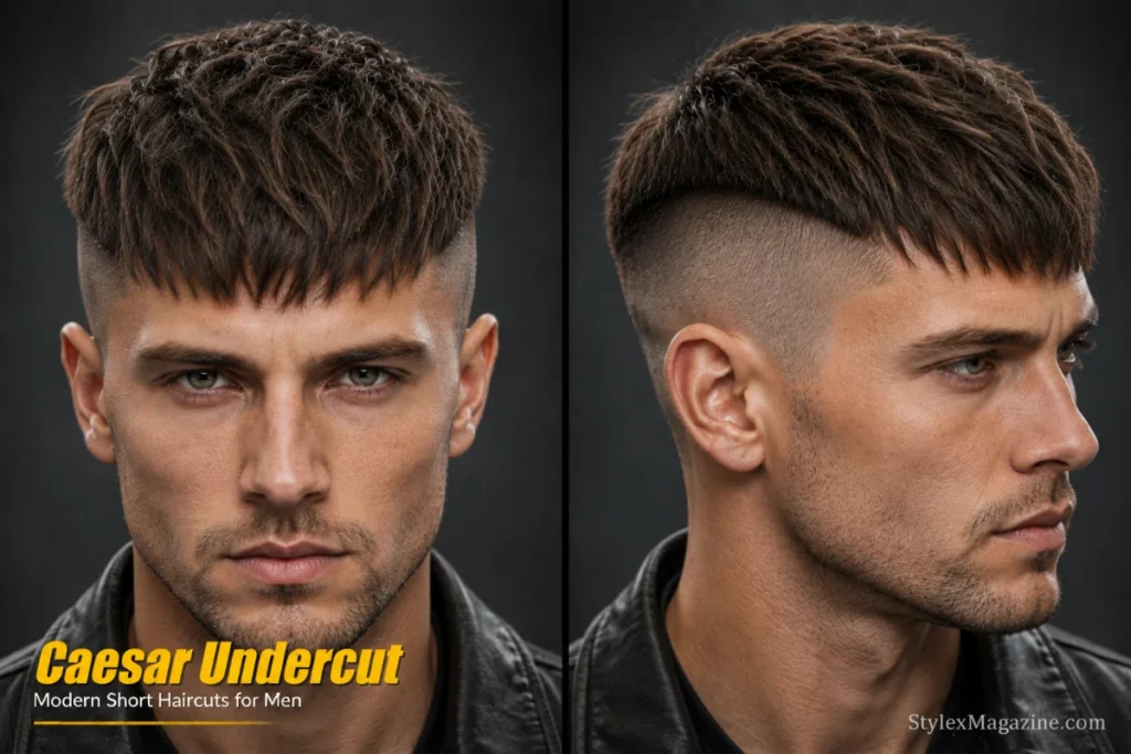 Caesar undercut haircut for men featuring a textured forward fringe, longer top section, and disconnected shaved sides.