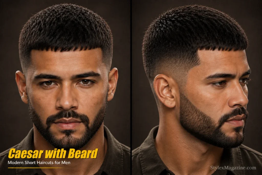Caesar haircut with beard for men featuring a textured forward fringe, short top, and balanced beard styling.