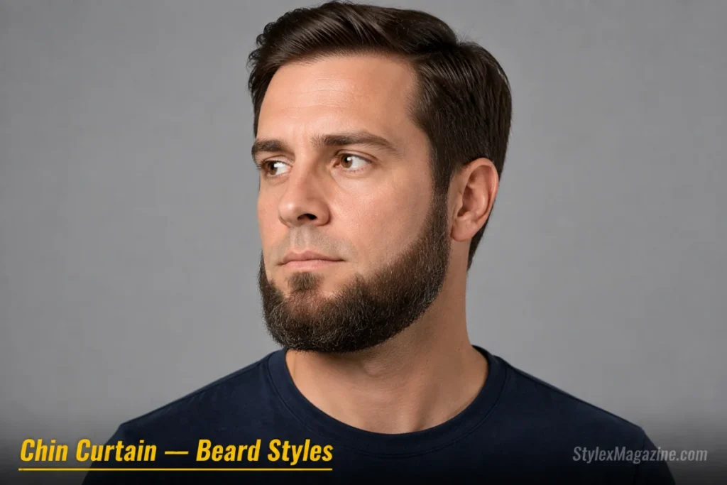 Man with a chin curtain beard showing full jaw and chin coverage from ear to ear without a mustache
