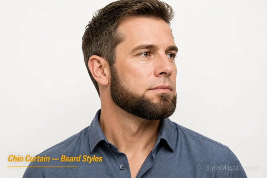 Man with a chin curtain beard running from ear to ear along the jawline with clean-shaven upper lip