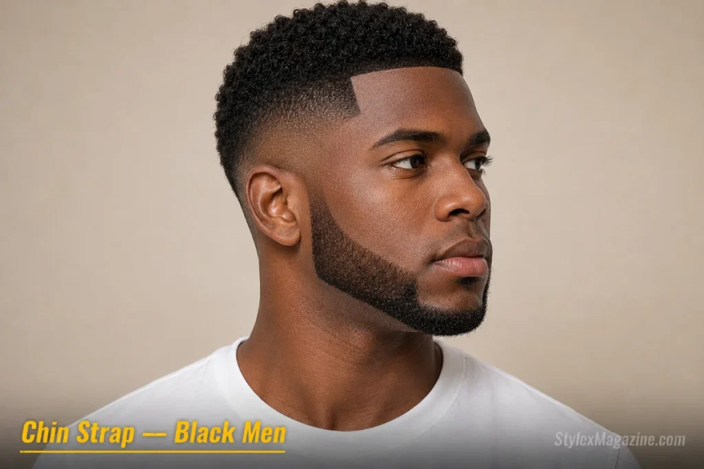 Black man with a chin strap beard showing sharp edges against coily hair texture with a crisp line-up