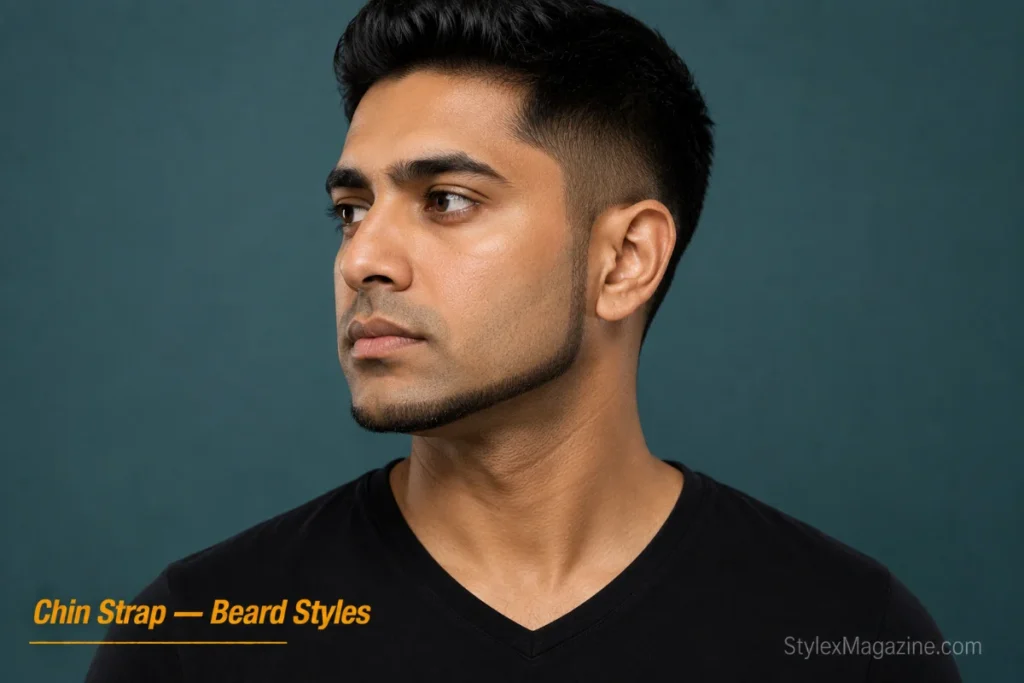 Man with a chin strap beard running along the jawline from ear to ear with no mustache