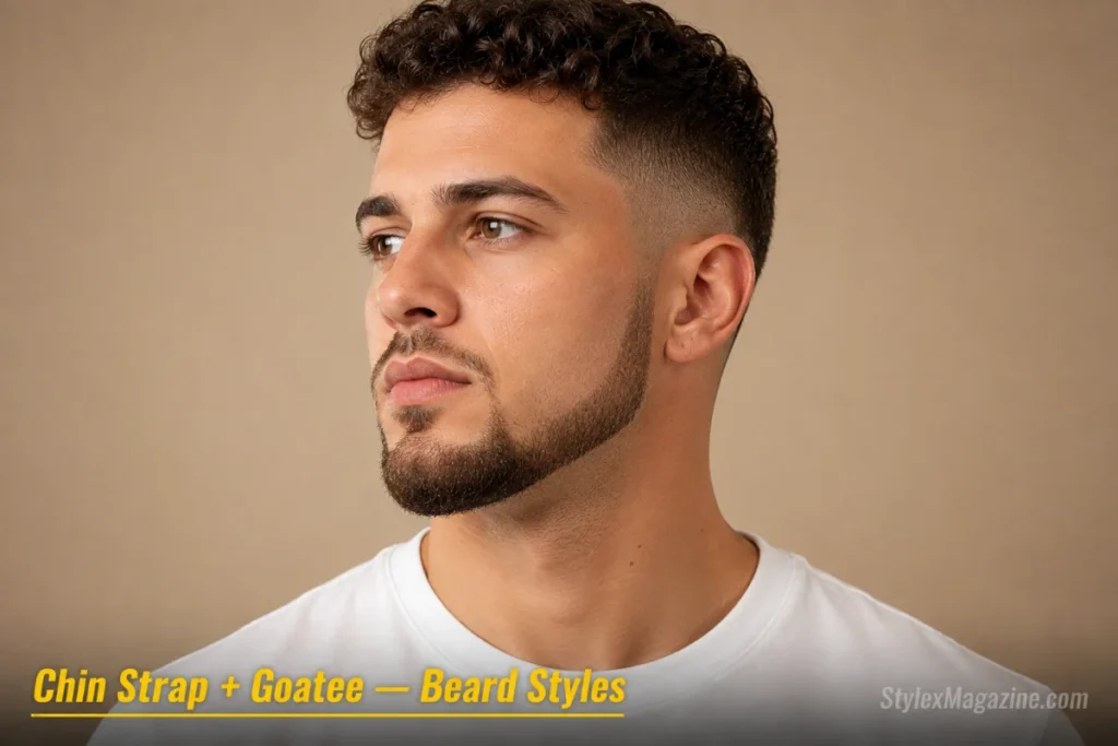 Man with a chin strap connected to a goatee showing combined jawline band and chin beard