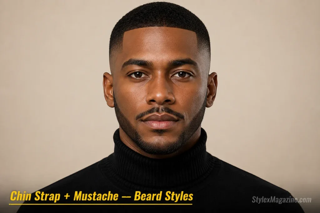 Man with a chin strap and matching mustache showing full lower-face framing with clean cheeks