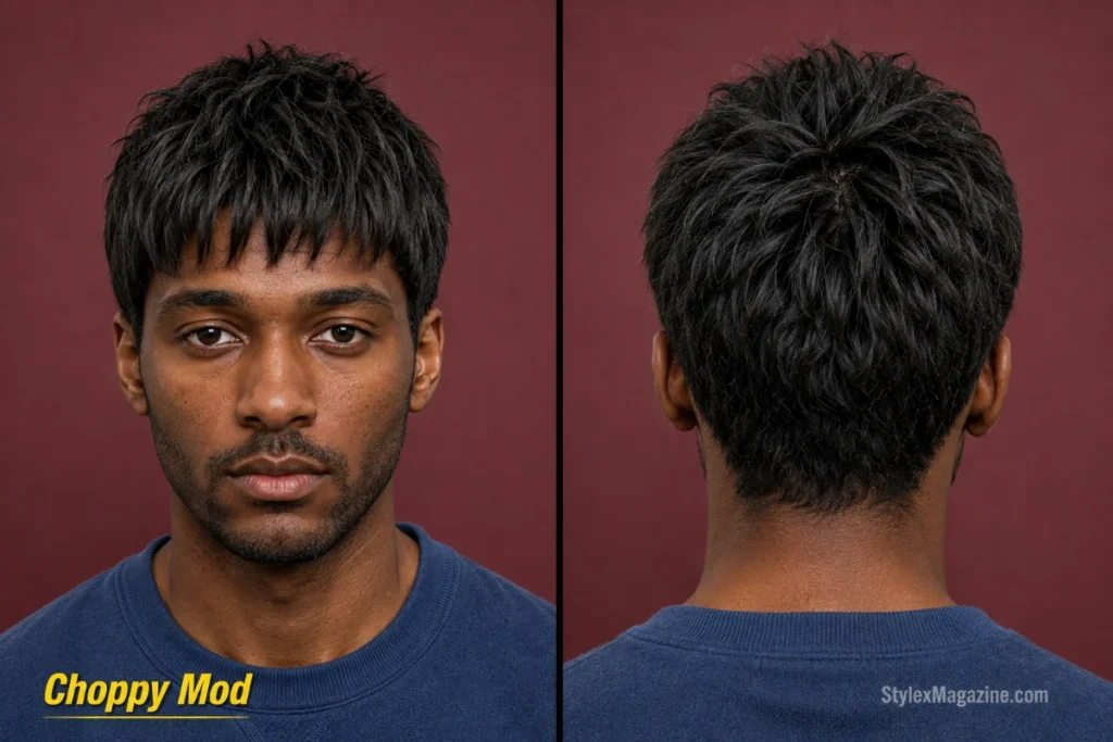 Choppy mod haircut with broken fringe, point-cut layers, and textured crown.