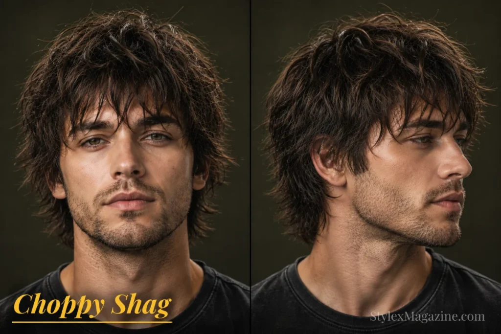 Choppy shag haircut for men featuring uneven layered texture, broken fringe, and modern messy movement.