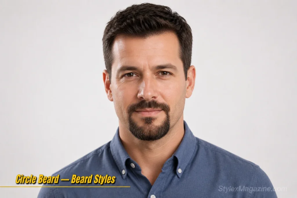 Man with a circle beard showing a rounded goatee connected to a mustache with clean-shaven cheeks
