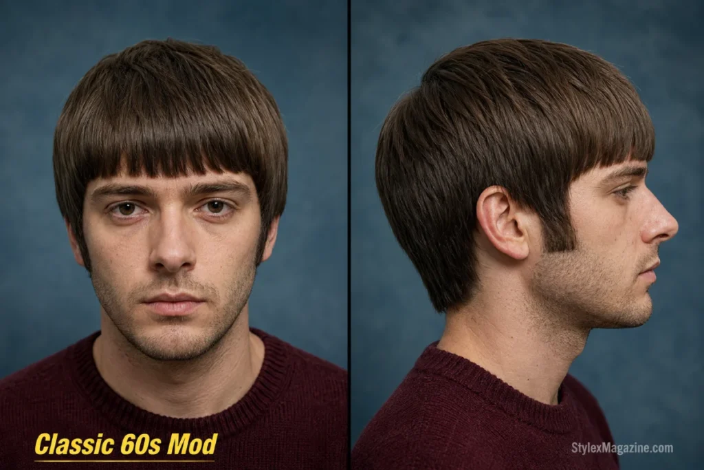 Classic 60s mod haircut for men with blunt brow-length fringe, rounded shape, and scissor-cut sides.