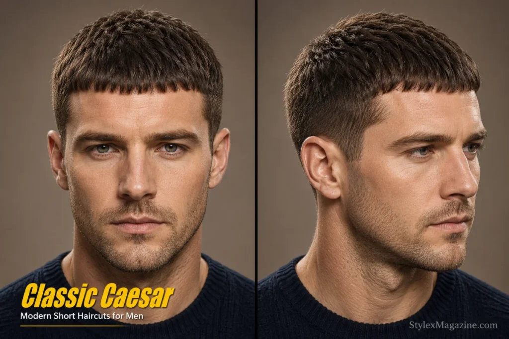 Classic Caesar haircut for men featuring a short forward fringe, uniform top length, and clean traditional barber styling.