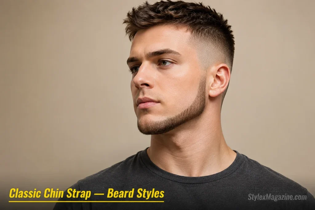 Man with a classic chin strap beard showing a clean, even band from sideburn to sideburn along the jawline