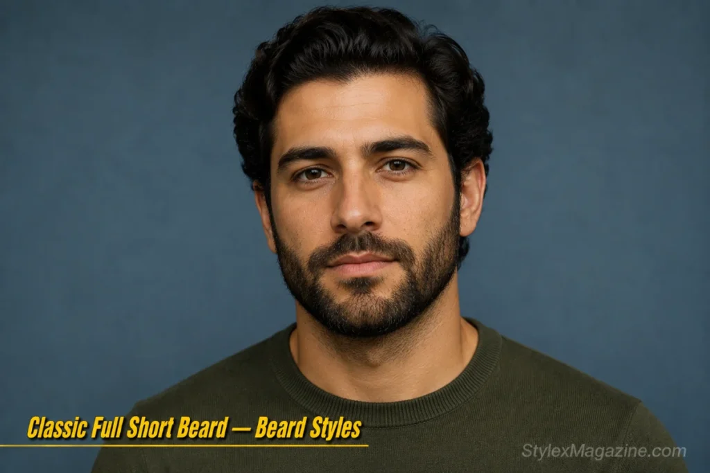 Man with a classic full short beard at 10mm showing even coverage across the jaw and cheeks