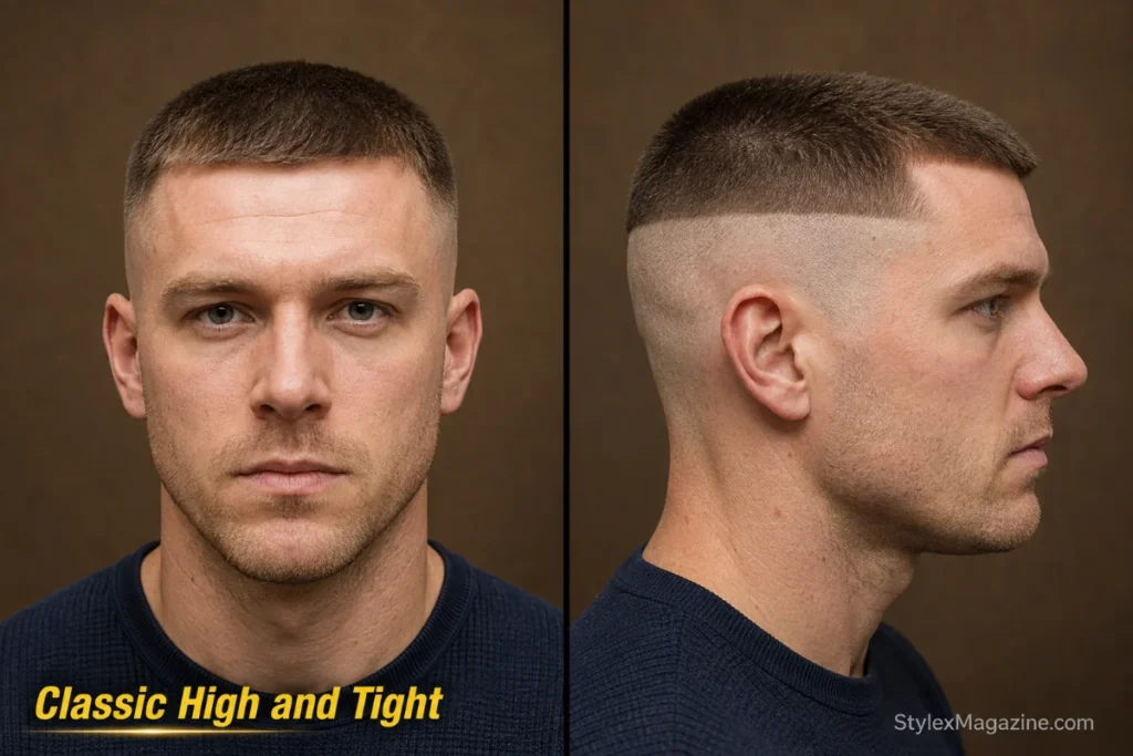  Classic high and tight haircut with one-inch top, skin-shaved sides, and hard disconnected transition.