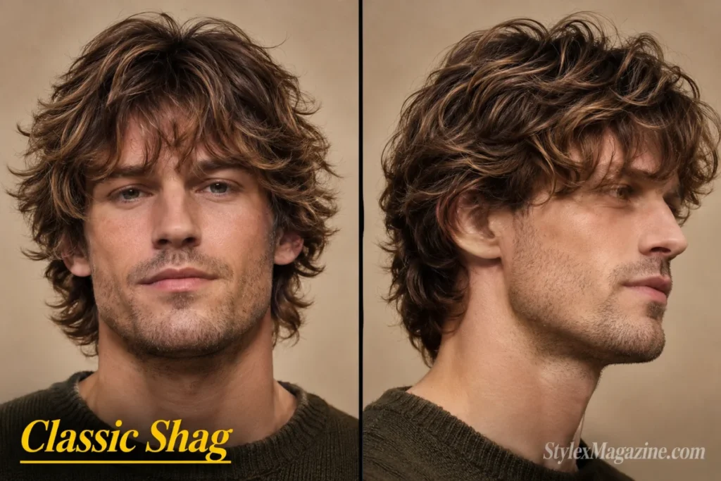 Classic shag haircut for men featuring layered texture, feathered ends, and natural flowing movement.