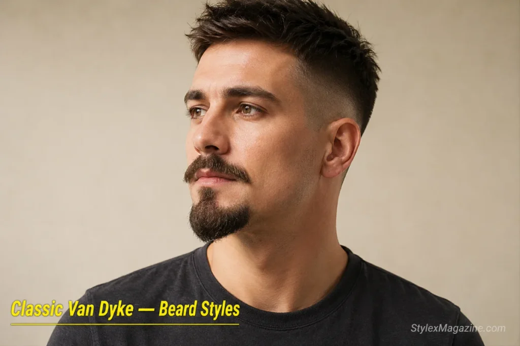 Man with a classic Van Dyke beard showing medium-length pointed chin piece, natural mustache, and visible gap between the two elements