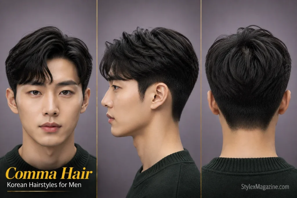Korean comma hair hairstyle for men featuring a curved forehead fringe, textured top, and soft face-framing movement.