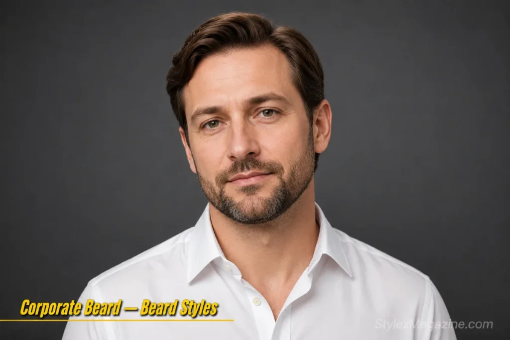 Man wearing a corporate beard with natural cheek line and even 10mm length in a white shirt