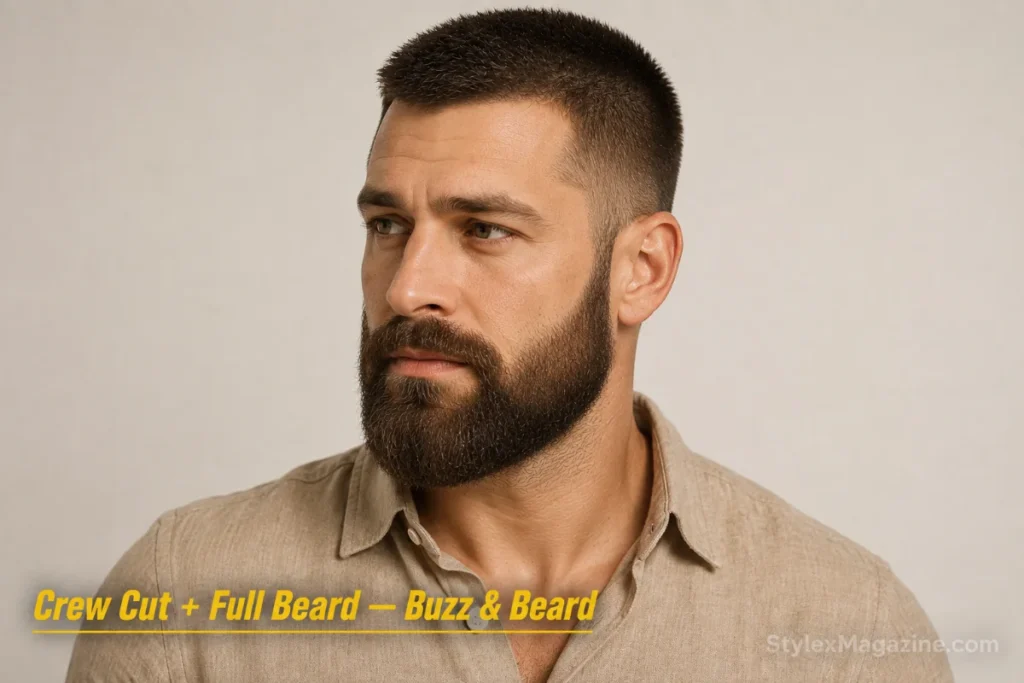 Man with a crew cut and full beard in a preppy rugged combination