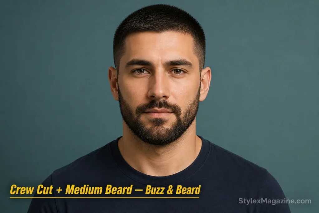 Man with a crew cut and medium beard in a balanced proportional look