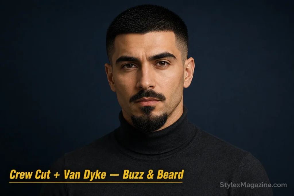 Man with a crew cut and Van Dyke beard with pointed chin and disconnected mustache