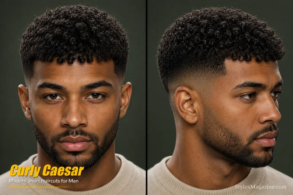 Curly Caesar haircut for men featuring short natural curls, textured fringe, and clean tapered sides.