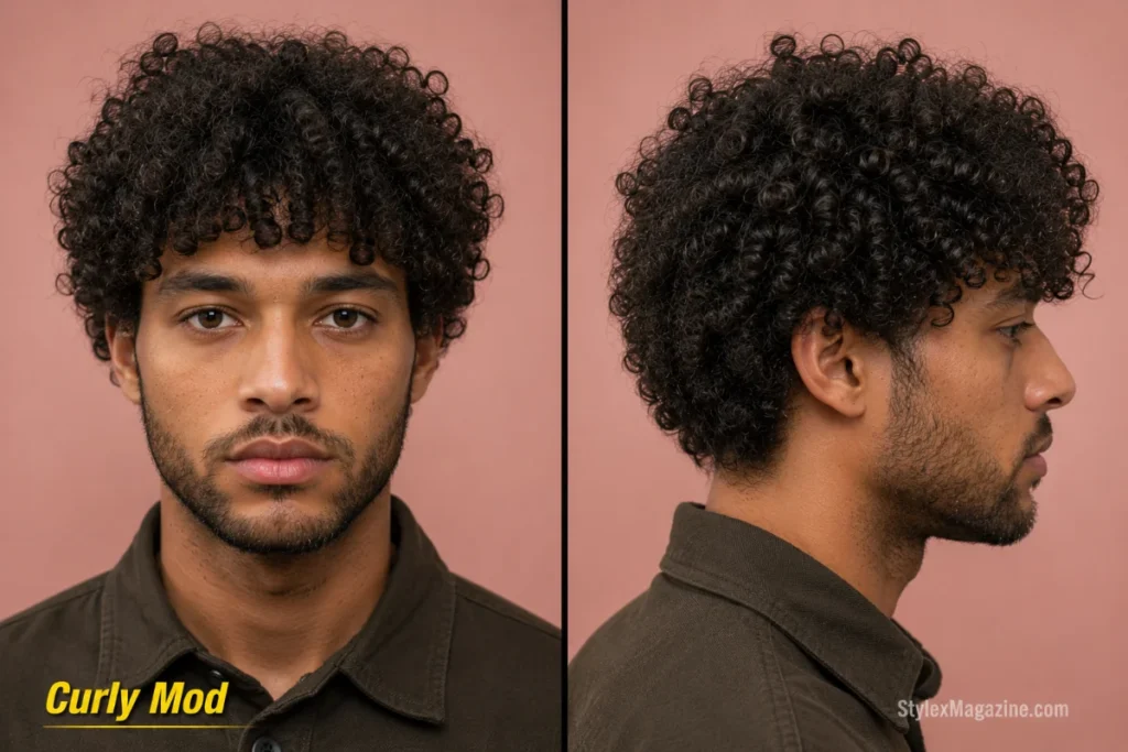 Curly mod haircut with natural forehead curls, rounded scissor-shaped sides, and controlled volume.