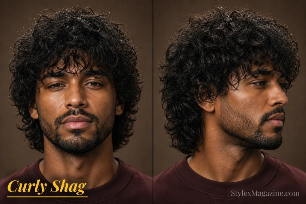 Curly shag haircut for men featuring layered curls, natural volume, and textured movement.