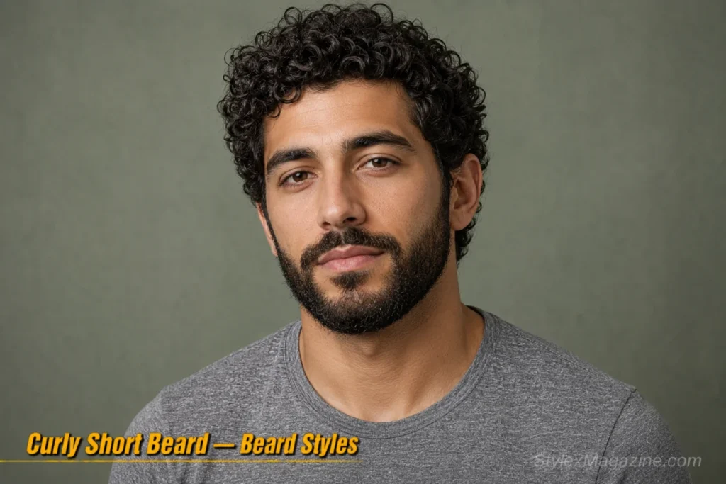 Man with a curly short beard showing natural wave pattern and clean trimmed edges