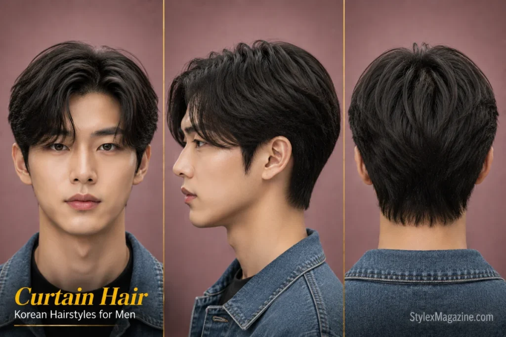 Korean curtain hairstyle for men featuring a middle part, face-framing layers, and soft natural movement.