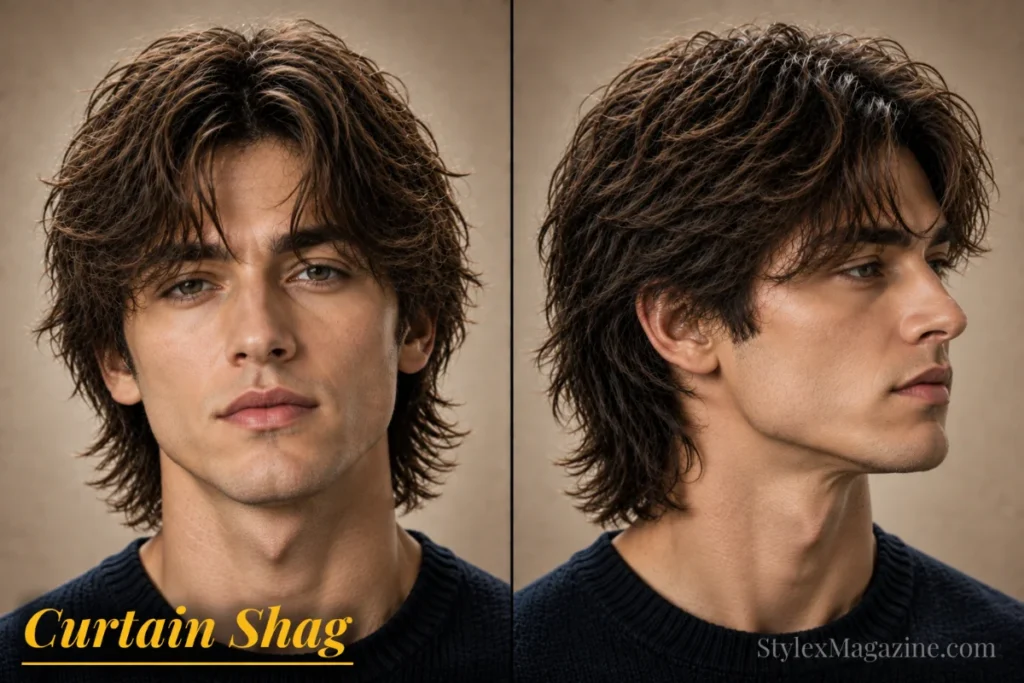 Curtain shag haircut for men featuring a middle-parted fringe, layered texture, and natural flowing movement.