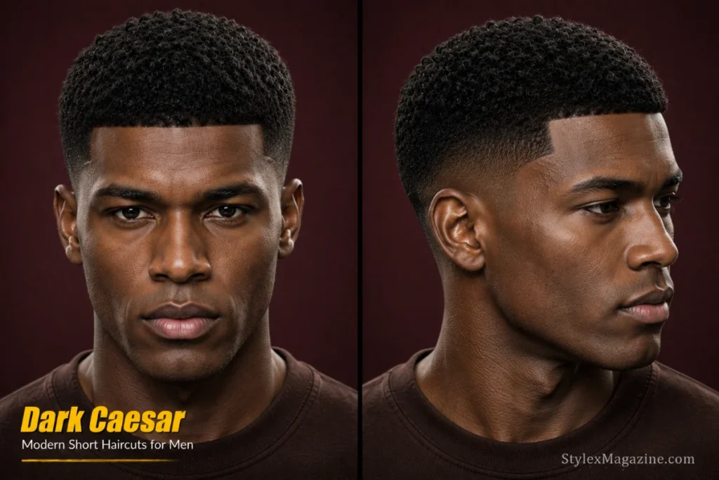 Dark Caesar haircut for Black men featuring short textured hair, defined edges, and a clean forward fringe.