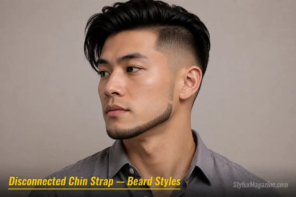 Man with a disconnected chin strap showing a deliberate break or gap in the jawline band near the ear