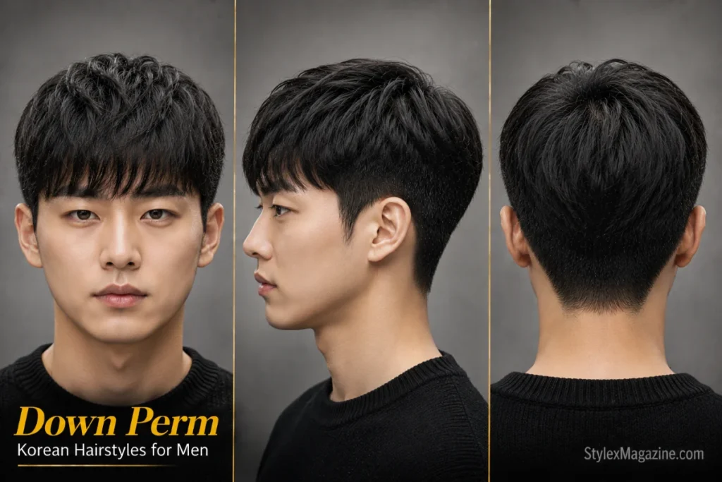 Down perm Korean hairstyle for men featuring naturally flattened sides, controlled volume, and a clean compact shape.