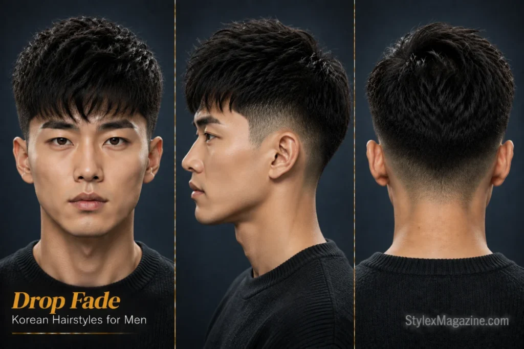 Korean drop fade haircut for men featuring a textured top, curved fade around the ear, and a clean tapered neckline.