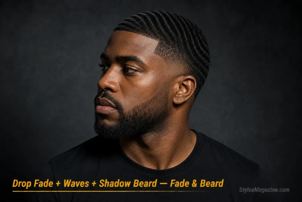 Black man with 360 waves and drop fade paired with a shadow fade beard 