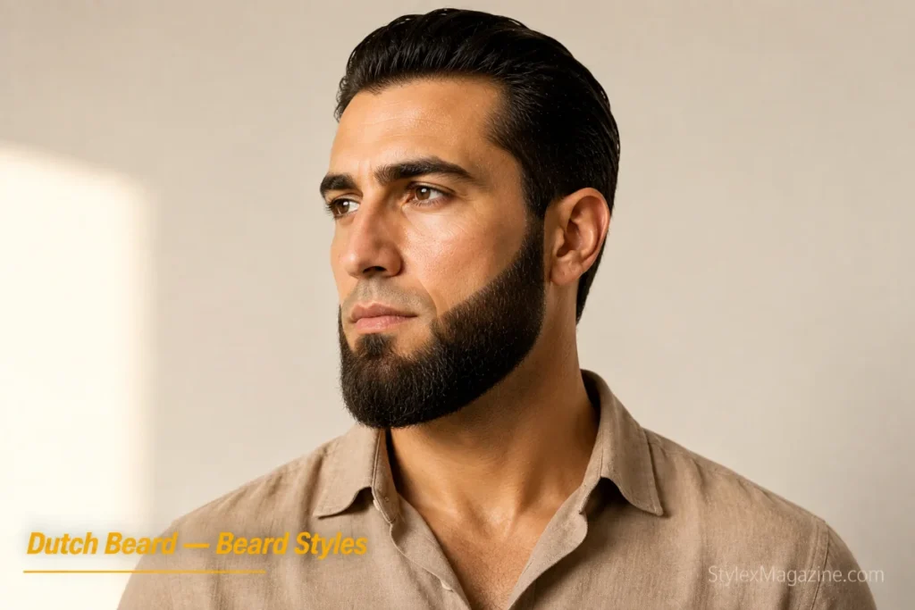 Man with a Dutch beard showing straight diagonal cheek line and rounded bottom with no mustache