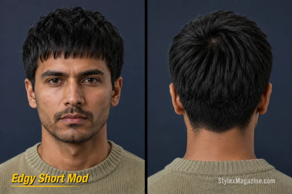 Edgy short mod haircut with two-inch top, short scissor-cut sides, and sharp above-brow fringe.