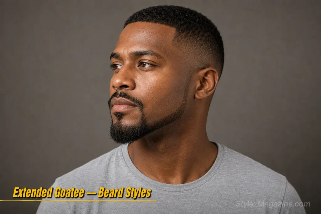 Man with an extended goatee stretching along the jawline with clean cheeks